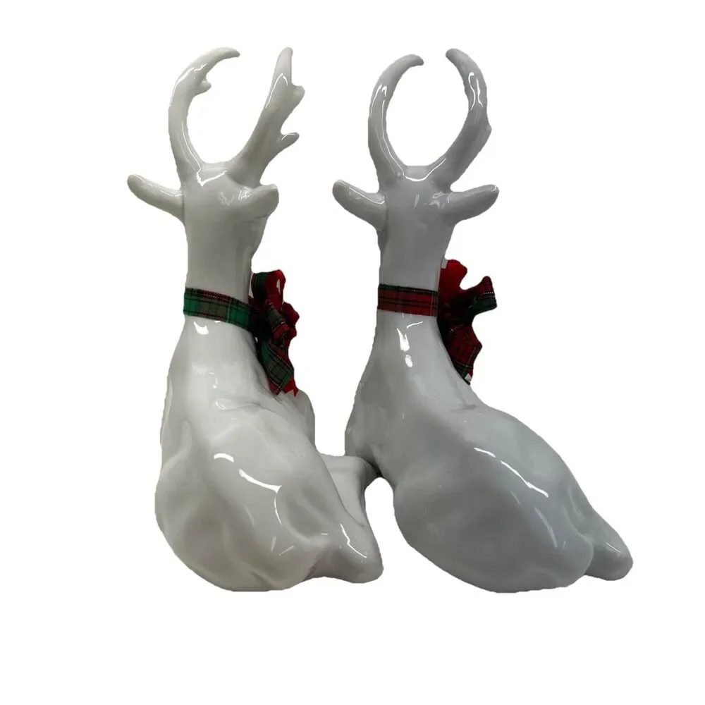 Pair (2) White Ceramic Glazed Christmas Deer Figurines‎ - House of Lloyd